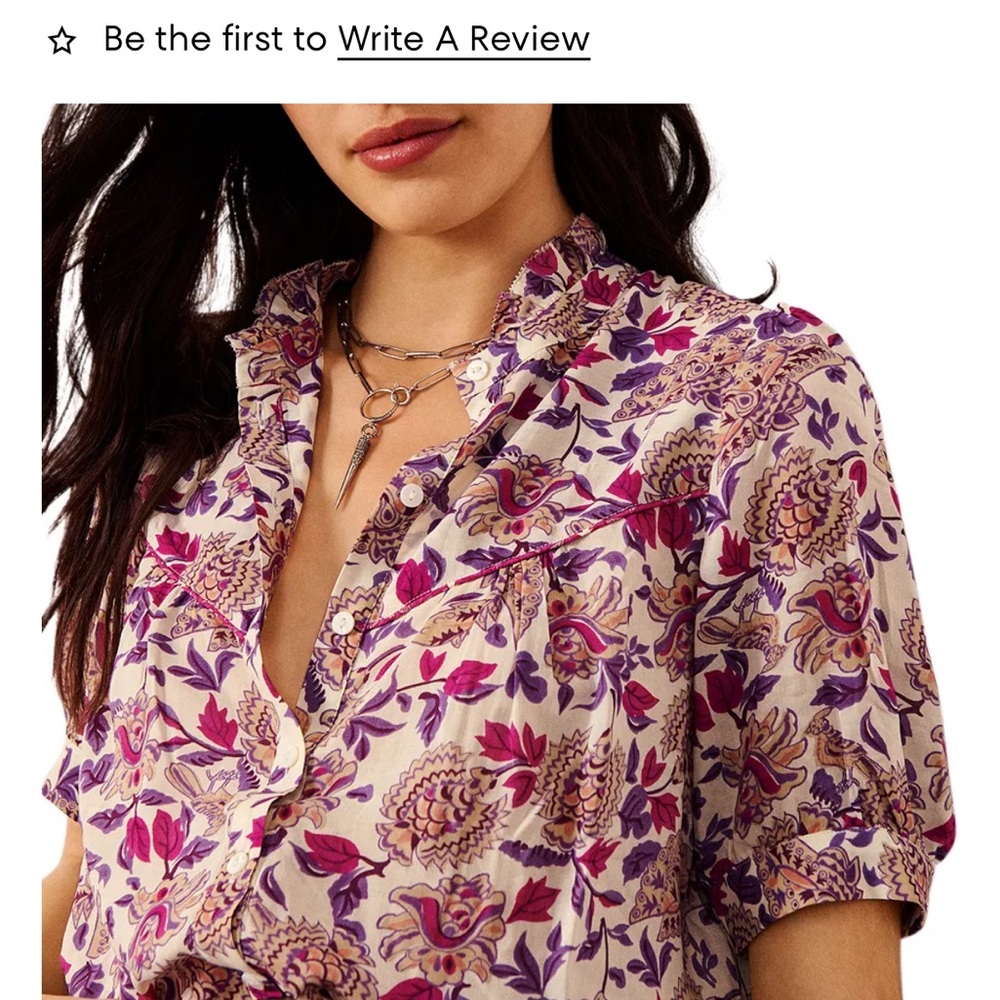 Floral Ruffle V-Neck Short Sleeve Top - Cream with Pink & Purple